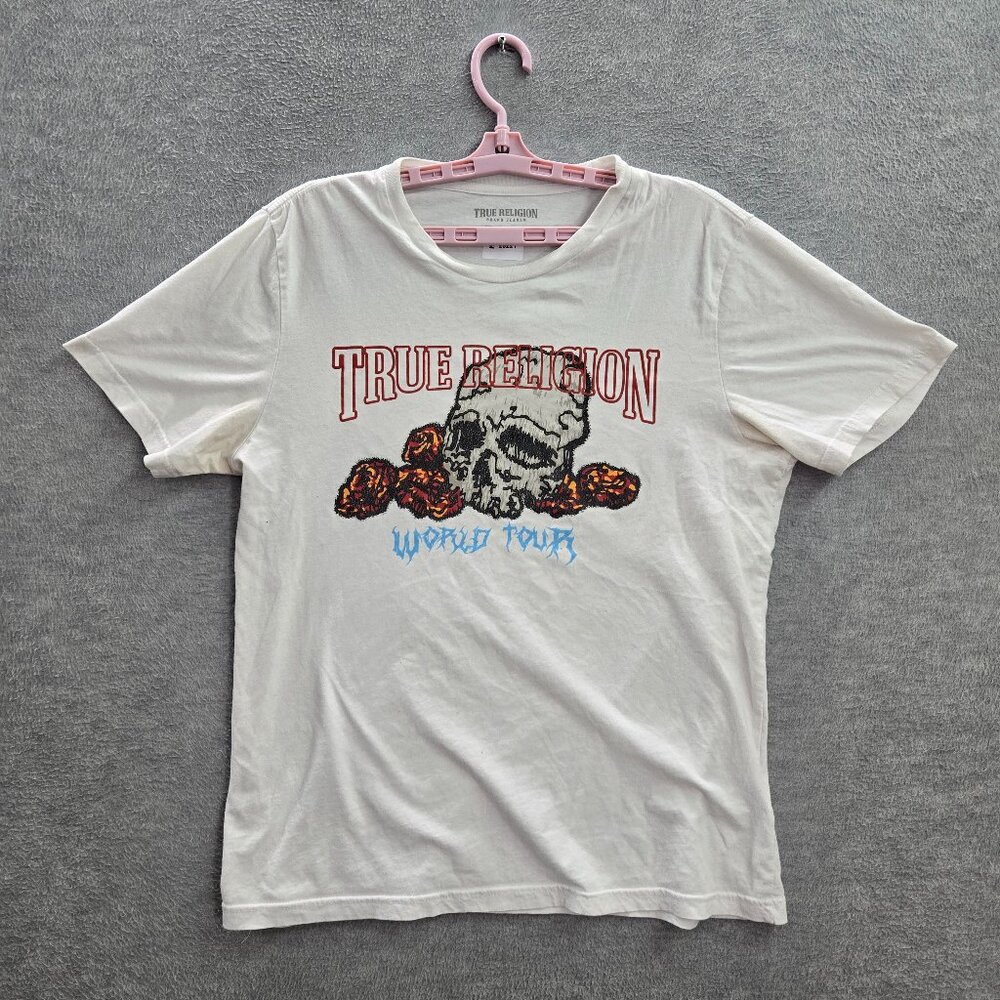 True Religion Men Shirt M White Graphic Skull Tour Short Sleeve Logo Cotton Tee